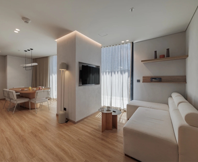 Calm recovery apartment prepared for a knee replacement patient in El Poblado, Medellín.
